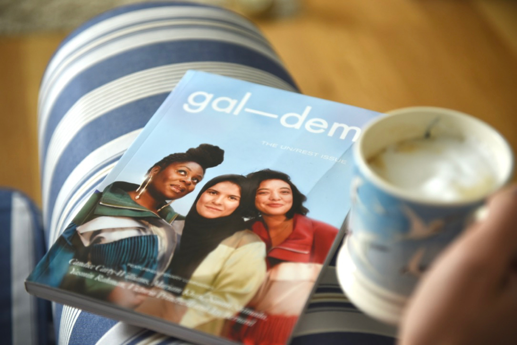 Gal-dem UN/REST magazine cover with coffee cup on arm of chair